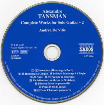 CD Alexandre Tansman: Complete Works For Solo Guitar Vol. 2