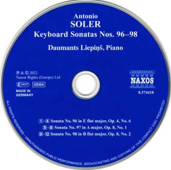 CD Padre Antonio Soler: Keyboard Sonatas Nos. 96 – 98