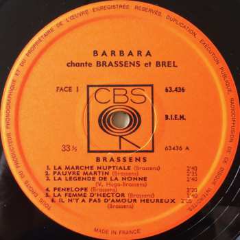 LP Barbara: Barbara Chante Brassens Et Brel
