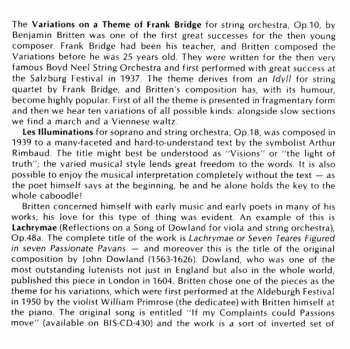 CD Benjamin Britten: Variations On A Theme Of Frank Bridge / Les Illuminations / Lachrymae