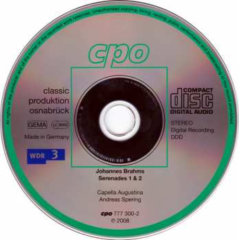 CD Capella Augustina: Johannes Brahms - Serenades 1 & 2