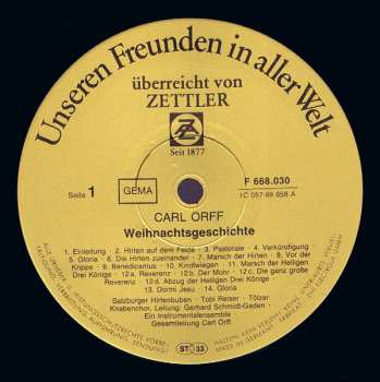 LP Carl Orff: Weihnachts-Geschichte Und Weihnachtslieder