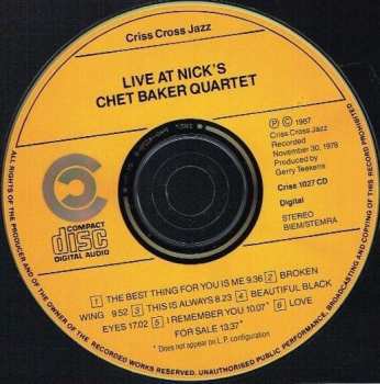 CD Chet Baker Quartet: Live At Nick's