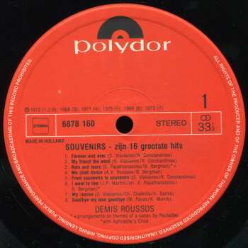 LP Demis Roussos: Souvenirs, Zijn 16 Grootste Hits