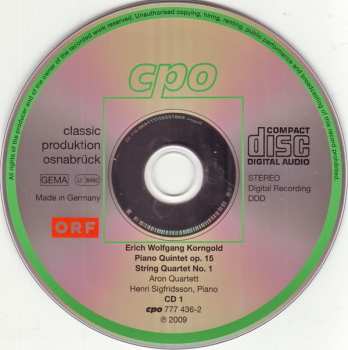 2CD Erich Wolfgang Korngold: String Quartets 1–3 & Piano Quintet Op. 15