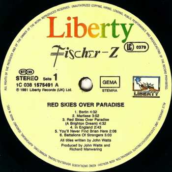 LP Fischer-Z: Red Skies Over Paradise