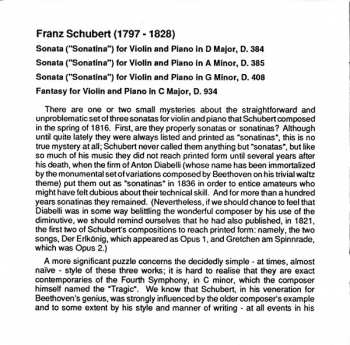 CD Franz Schubert: Sonatas (Sonatinas) For Violin And Piano D. 384 • D. 385 • D. 408 / Fantasy D. 934