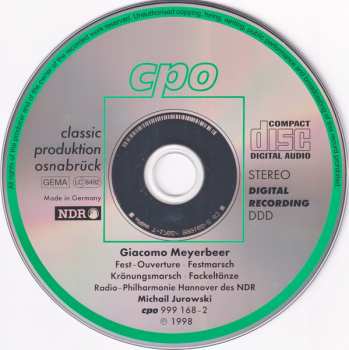 CD Giacomo Meyerbeer: Music For Festive Occasions (Fackeltänze ∙ Festouvertüre ∙ Festmarsch)