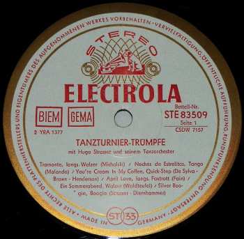 LP Hugo Strasser Und Sein Tanzorchester: Tanzturnier-Trümpfe Mit Hugo Strasser Und Seinem Tanzorchester