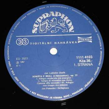 LP Jan Panenka: Sonate En Fa Mineur "L'Invocation"; Les Adieux (Rondo); Douze Études Mélodiques: Nos 3, 5, 11