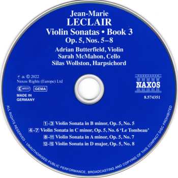 CD Jean Marie Leclair: Violin Sonatas • Book 3:  Op. 5, Nos. 5–8