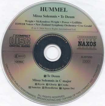 CD Johann Nepomuk Hummel: Missa Solemnis / Te Deum
