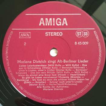 LP Marlene Dietrich: Marlene Dietrich Singt Alt-Berliner Lieder