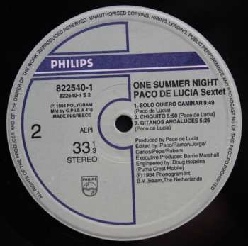 LP Paco De Lucia Sextet: Live... One Summer Night