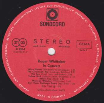 2LP Roger Whittaker: In Concert