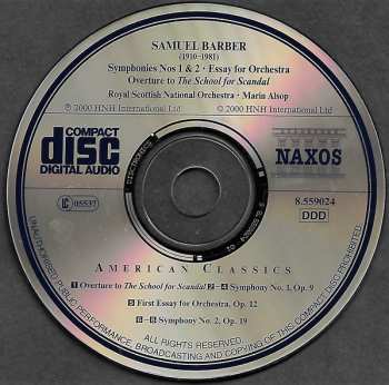 CD Samuel Barber: Orchestral Works, Volume 1 - Symphonies Nos 1 And 2