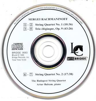CD Sergei Vasilyevich Rachmaninoff: String Quartets No. 1 And No. 2 / Trio Élégiaque, Op. 9