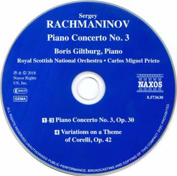 CD Sergei Vasilyevich Rachmaninoff: Piano Concerto No. 3; Variations On A Theme Of Corelli
