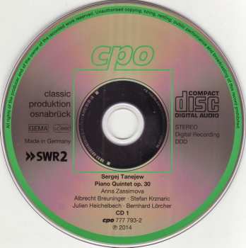 2CD Sergey Ivanovich Taneyev: Piano Chamber Music