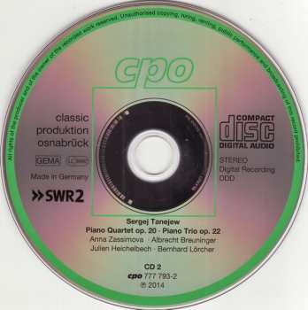 2CD Sergey Ivanovich Taneyev: Piano Chamber Music