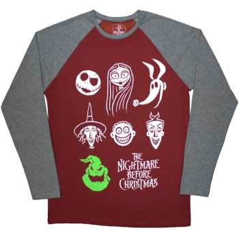 Merch The Nightmare Before Christmas: The Nightmare Before Christmas Unisex Raglan T-shirt: Stacked Faces (embellished) (medium) M